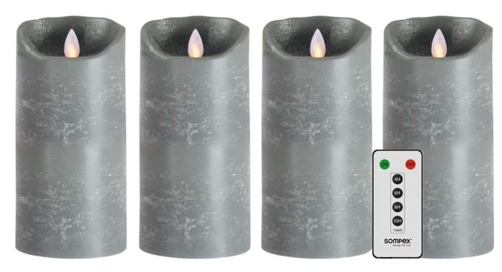 SOMPEX LED-Kerze 4er Set Flame LED Kerzen grau 18cm (Set, 5-tlg., 4 Kerzen, Höhe 18cm, Durchmesser 8cm, 1 Fernbedienung), mit Timer, Echtwachs, täuschend echtes Kerzenlicht von SOMPEX