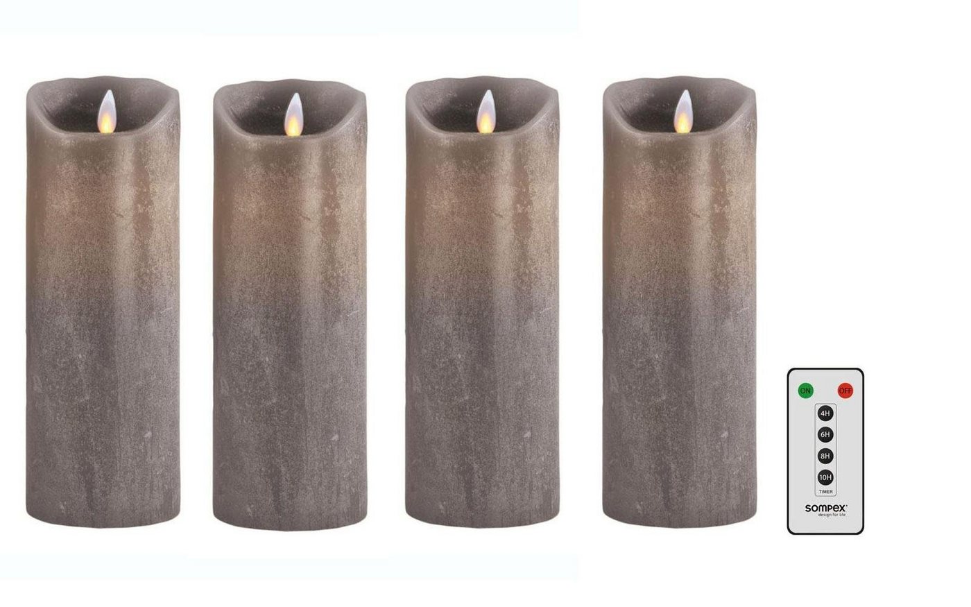 SOMPEX LED-Kerze 4er Set Flame LED Kerzen taupe 23cm (Set, 5-tlg., 4 Kerzen, Höhe 23cm, Durchmesser 8cm, 1 Fernbedienung), fernbedienbar, integrierter Timer, Echtwachs, täuschend echtes Kerzenlicht, optimales Set für den Adventskranz von SOMPEX
