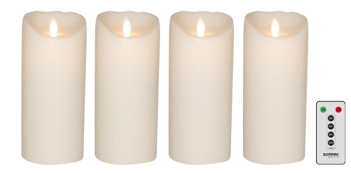 SOMPEX LED-Kerze 4er Set Flame LED Kerzen weiß 18cm (Set, 5-tlg., 4 Kerzen, Höhe 18cm, Durchmesser 8cm, 1 Fernbedienung), mit Timer, Echtwachs, täuschend echtes Kerzenlicht von SOMPEX