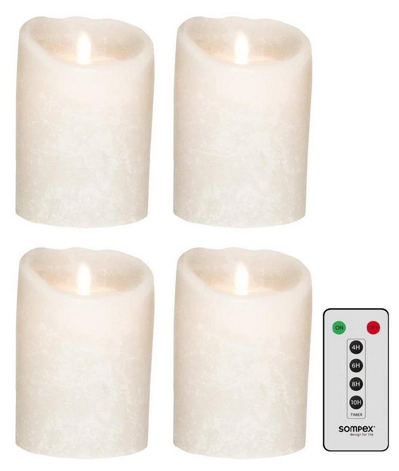 SOMPEX LED-Kerze 4er Set Flame LED Kerzen weiß Frost 12,5cm (Set, 5-tlg., 4 Kerzen, Höhe 12,5cm, Durchmesser 8cm, 1 Fernbedienung), mit Timer, Echtwachs, täuschend echtes Kerzenlicht von SOMPEX