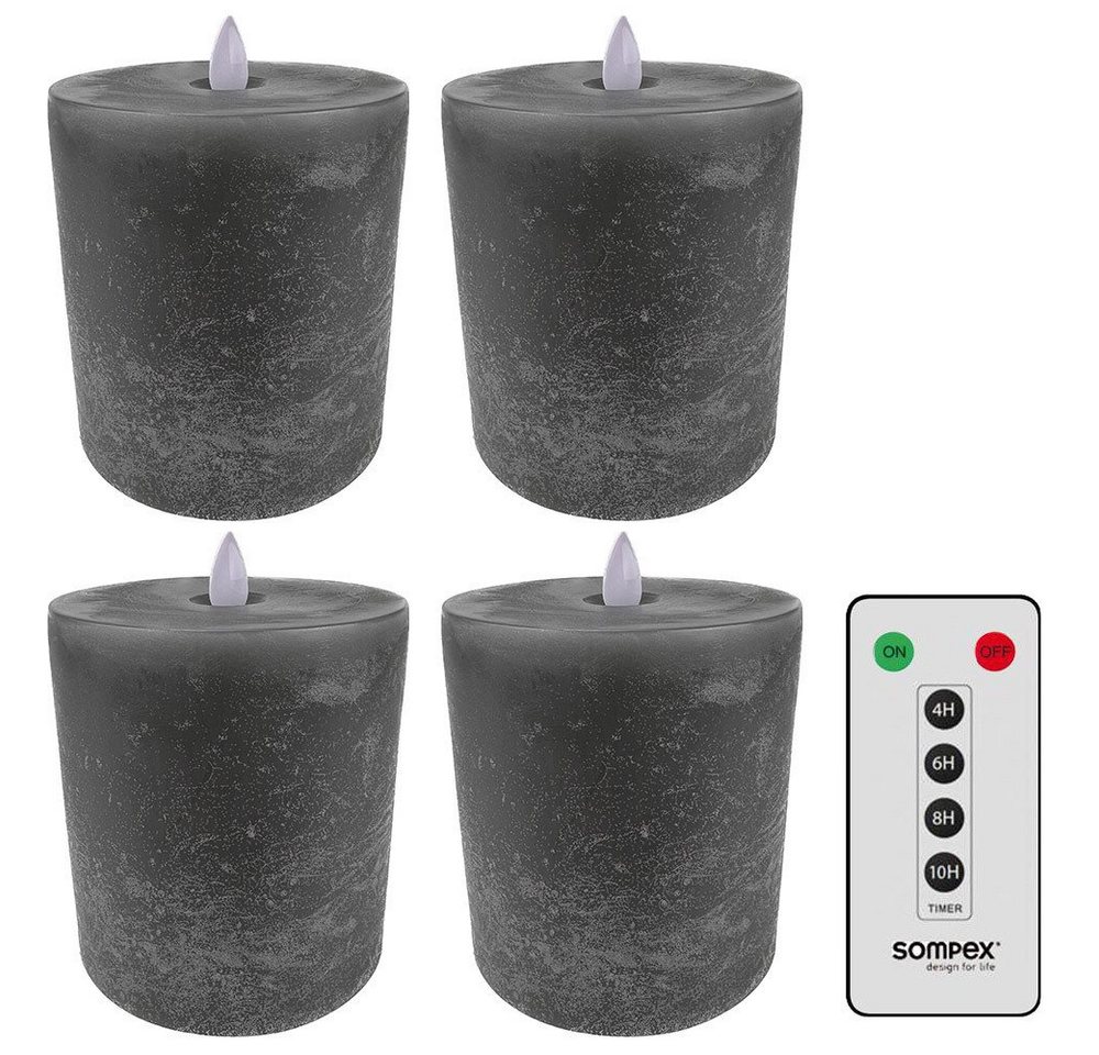 SOMPEX LED-Kerze 4er Set Flame LED Kerzen grau, Echtwachskerzen mit Fernbedienung (Set, 5-tlg., 4 Kerzen, Höhe 11cm, Durchmesser 10cm, 1 Fernbedienung), fernbedienbar, integrierter Timer, Echtwachs von SOMPEX