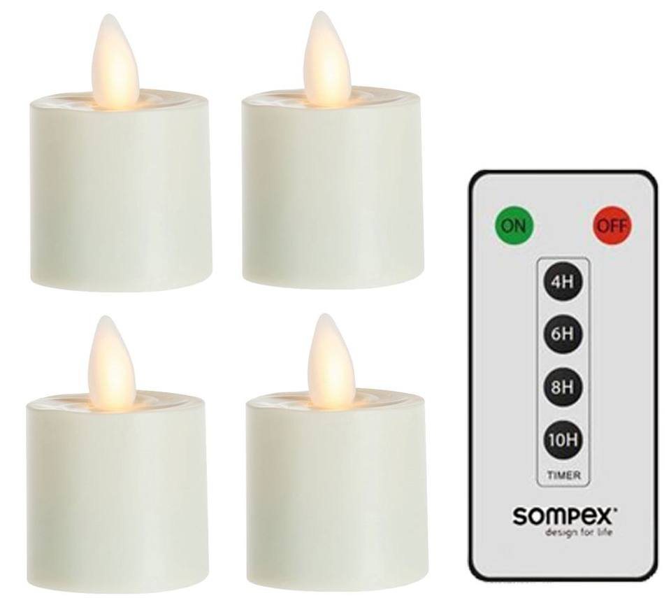 SOMPEX LED-Kerze 4er Set Sompex Flame LED Teelicht (Set, 5-tlg., 4 Teelichter, Höhe 3,1cm, Durchmesser 3,6cm, 1 Fernbedienung), mit Timer, Echtwachs, täuschend echtes Kerzenlicht von SOMPEX