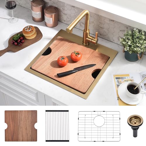 SOMRXO 53,3 x 50,8 cm große Spüle – 16 Gauge Gold Edelstahl kleine Küchenspüle, 25,4 cm tiefe Einzelbecken-Arbeitsplatzspüle mit Zubehör für Wohnmobil, Outdoor-Küche und Nassbar von SOMRXO