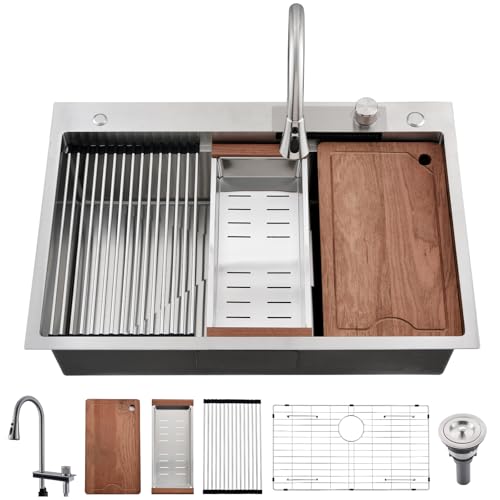 SOMRXO Küchenspüle mit Wasserhahn, 33 × 22 Wasserfall-Küchenspüle und Wasserhahn-Kombi-Set, 16 Gauge Edelstahl-Wasserfall-Spülen, 25,4 cm tiefe Einzelbecken-Arbeitsplatz-Spülen, 33 × 22 cm von SOMRXO