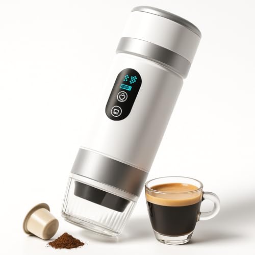 SOMYKID Tragbare Kaffeemaschine für Kaffeekapseln und gemahlenen Kaffee, 3-in-1, mit automatischem Display, tragbar, wiederaufladbar, universelle Reise-Kapselmaschine (weiß) von SOMYKID