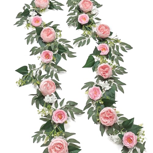 SOMYTING 2 Stück Künstliche Blumen Girlande Eukalyptus Girlande Vintage Gefälschte Blume Pfingstrose Rosenrebe Grün Dekorative Wandbehangpflanze für Hochzeitsbogen Türanordnung Party (Hellrosa) von SOMYTING