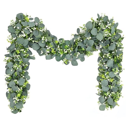 SOMYTING 2 Stück Künstliche Eukalyptus Girlanden blätter Girlande mit Grüne Blätter Weiße Blumen Girlande Künstliche Pflanze Hängepflanze für Hintergrund Hochzeit Dekoration Tischläufer Mittelstück von SOMYTING