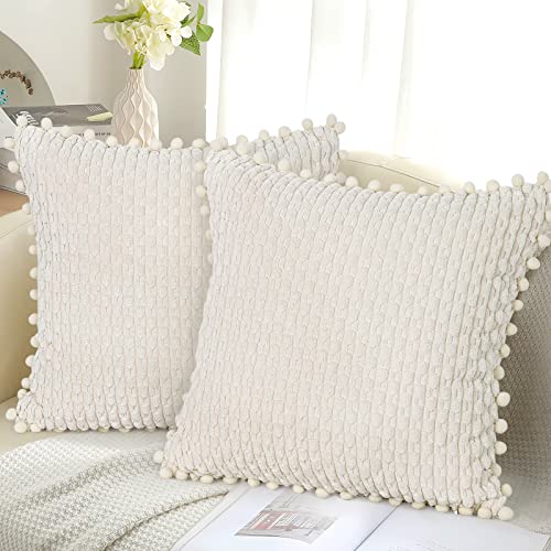 SOMYTING 2er Set Kissenbezug Kissen Kopfkissen Kissenbezüge Kordsamt Kissenbezug Pompon Dekokissen Zierkissen Dekorative für Sofa Bett Wohnzimmer Zierkissenbezug Kopfkissenbezug Deko 45x45 cm Beige von SOMYTING