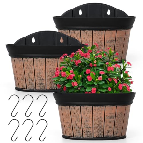 SOMYTING 3er Pflanzgefäß Wandbehang Wandvasen,Übertopf-Set Distressed Eiche, verdickte Kunststoff-Wasserspeicher-Blumentöpfe für Pflanzen Blumen Innen Außengeländer oder Zaundekor (Braun) von SOMYTING
