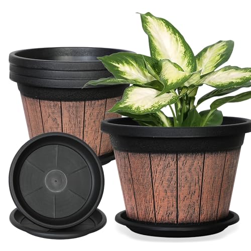 SOMYTING 3er Pflanztöpfe, Kunststoff Dekor Pflanzgefäße mit Entwässerungsloch Weinfass Design Blumentöpfe Indoor Outdoor Garten Home Blumenkübel (Runde Blumentöpfe) von SOMYTING