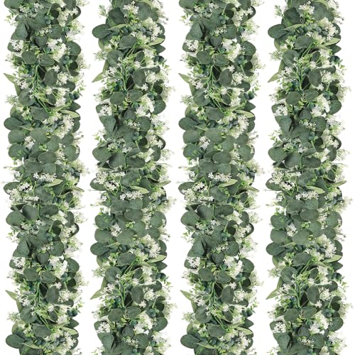 SOMYTING 4 Stück Girlande Eukalyptus Künstlich mit Weiße Blumen Silberdollar Girlande grün Künstliche Pflanze Hängepflanze Tischläufer Eukalyptus für Hintergrund Hochzeit Dekoration Tischdekoration von SOMYTING