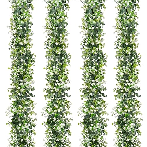 SOMYTING 4 Stück Künstliche Eukalyptus Girlande Grüne Handgemachte Girlande Weiße Blume Girlande für Hochzeitshintergrund Bogen Wanddekoration Reben Blätter UV-geschützt Drinnen und Draußen von SOMYTING