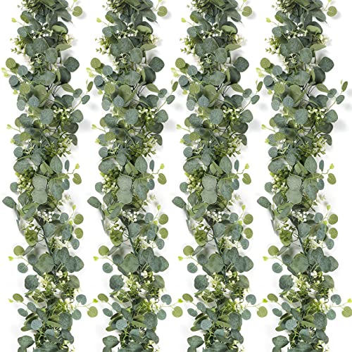 SOMYTING Eukalyptus-Girlande mit weißen Blumen, 4 Packungen, 15 cm, Eukalyptusblätter, Schleierkraut-Girlande, künstliche grüne Reben für Hochzeit, Party, Tischläufer, Heimdekoration (4 Stück) von SOMYTING