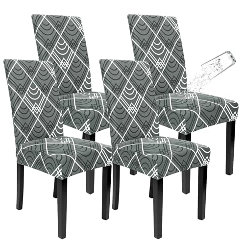 SOMYTING Stuhlhussen Wasserdicht 4er Set, Esszimmer Stuhl Abdeckungen Stretch Stuhlhusse mit Gummiband Stretch abnehmbar, Esszimmerstuhl-Schutzsitz für Hotel Küche Hochzeitsfeier(Grau-Geometrie von SOMYTING