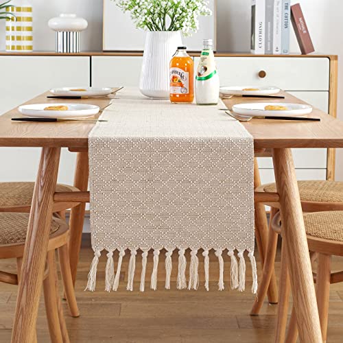 SOMYTING Tischläufer Baumwollflachs Tischdecken Beige mit Handgefertigten Quasten Esstisch Dekor Hochzeit Rechteckige Häkelspitze für Zuhause Desktop Bauernhaus Geburtstage Dekoration(33 x 180 cm) von SOMYTING