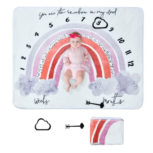 SONARIN Baby Meilenstein Decke,Personalisierte Baby Monatsdecke Neugeborene Fotodecke für Jungen Mädchen Weiche Bequeme Babydecke mit Dekorativen Rahmen 100 x 150 cm(Regenbogen) von SONARIN
