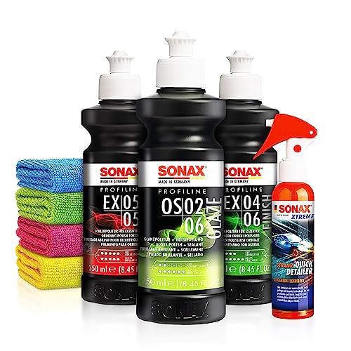 Sonax Auto Politur Set: ExCut 05-05 + Ex 04-06 + OS 02-06 (je 250ml) Autopolitur Set inkl. Ceramic Quick Detailer - Zur starken Defektkorrektur und maximalen Hochglanz - Auto polieren | 8-teilig von SONAX