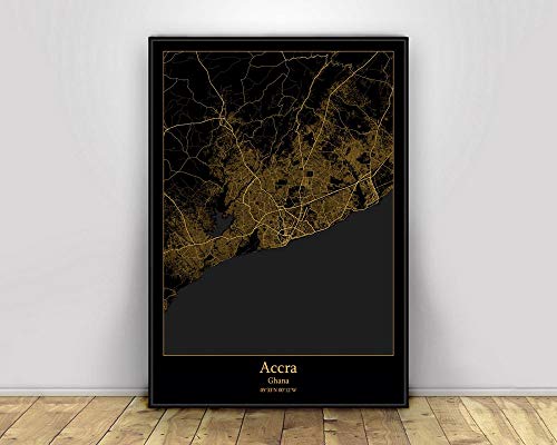 Leinwand Bild, Accra Ghana Schwarz & Gold Stadt Licht Karten Poster Benutzerdefinierte Welt Kunst Leinwand Malerei Wandbilder für Wohnzimmer Home Decor,60X90CM von SONG