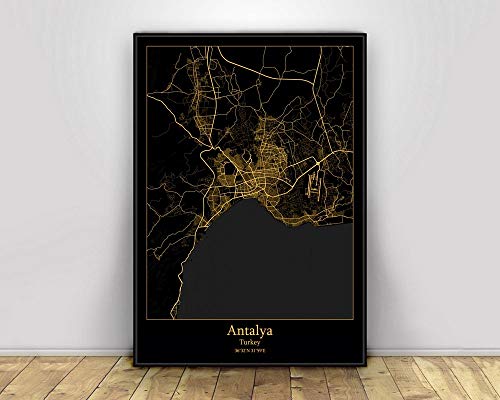 Leinwand Bild, Antalya Türkei Schwarz & Gold Stadtlichtkarten Benutzerdefinierte Weltstadtplakate Poster Leinwanddrucke Wandkunst im nordischen Stil Wohnkultur,40X60CM von SONG