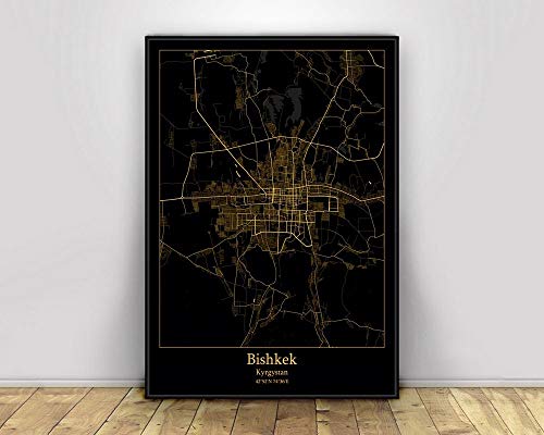 Leinwand Bild, Bischkek Kirgisistan Schwarz & Gold Stadt Lichtkarten Poster Benutzerdefinierte Welt Kunst Leinwand Malerei Wandkunst für Wohnzimmer Home Decor,50 * 75cm von SONG