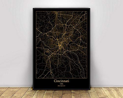 Leinwand Bild, Cincinnati USA Schwarz & Gold Stadt Lichtkarten Poster Benutzerdefinierte Welt Kunst Leinwand Malerei Wandkunst für Wohnzimmer Home Decor,40 * 60cm von SONG