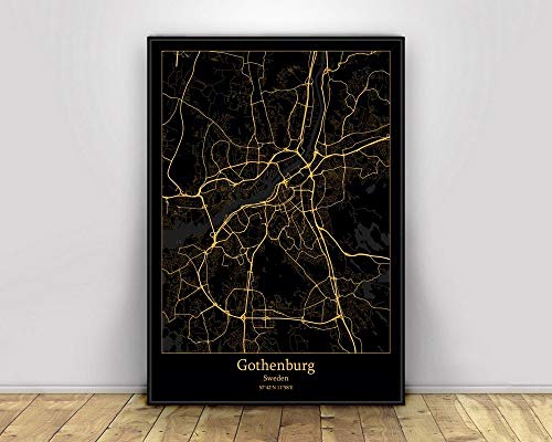 Leinwand Bild, Göteborg Schweden Schwarz & Gold Stadt Lichtkarten Poster Benutzerdefinierte Welt Kunst Leinwand Malerei Wandkunst für Wohnzimmer Home Decor,60 * 90cm von SONG