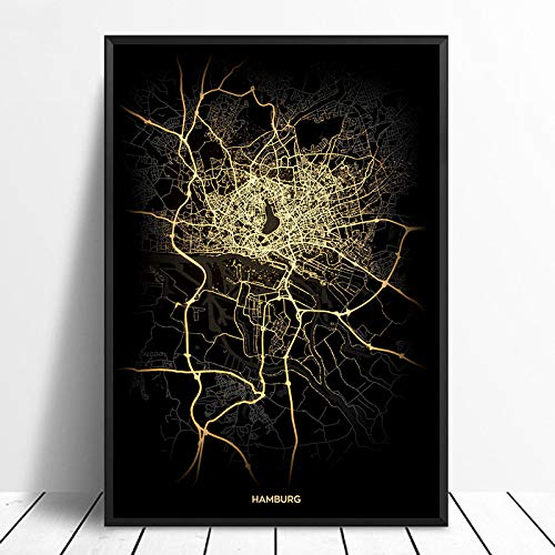 Leinwand Bild, Hamburg Schwarz & Gold Stadt Lichtkarten Poster Benutzerdefinierte Welt Kunst Leinwand Malerei Wandkunst für Wohnzimmer Home Decor,40 * 60cm von SONG