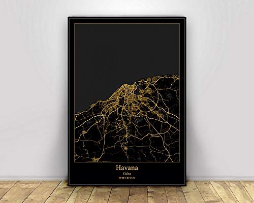 Leinwand Bild, Havanna Kuba Schwarz & Gold Stadt Licht Karten Poster Benutzerdefinierte Welt Kunst Leinwand Malerei Wandbilder für Wohnzimmer Home Decor,50X75CM von SONG