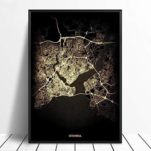 Leinwand Bild, Istanbul Stadt Schwarz & Gold Stadt Lichtkarten Poster Benutzerdefinierte Welt Kunst Leinwand Malerei Wandkunst für Wohnzimmer Home Decor,40 * 60cm von SONG