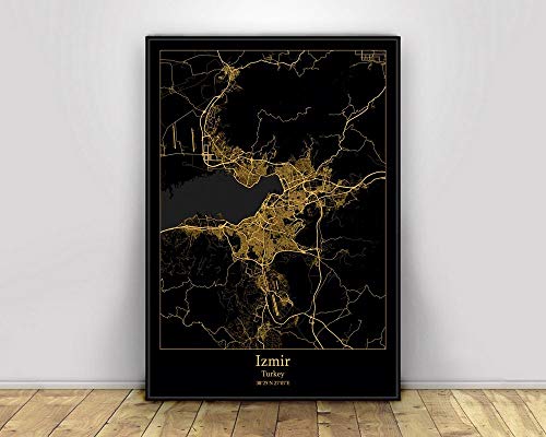 Leinwand Bild, Izmir Türkei Schwarz & Gold Stadt Lichtkarten Poster Benutzerdefinierte Welt Kunst Leinwand Malerei Wandkunst für Wohnzimmer Home Decor,40 * 60cm von SONG