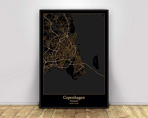 Leinwand Bild, Kopenhagen Dänemark Schwarz & Gold Stadt Lichtkarten Poster Benutzerdefinierte Welt Kunst Leinwand Malerei Wandkunst für Wohnzimmer Home Decor,60 * 90cm von SONG