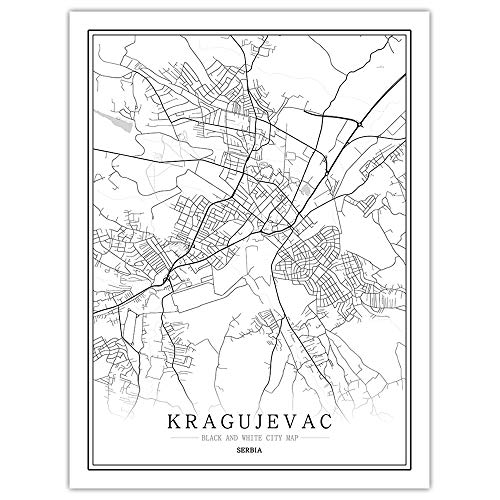 Leinwand Bild, Kragujevac Serbia Stadtplan Malerei Schwarz Weiß Einfache Kunst Wandplakat Rahmen Weniger Bild, Moderne Vertikale Malerei Cafe Office Home Decor,70 * 100cm von SONG