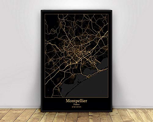 Leinwand Bild, Montpellier Frankreich Schwarz & Gold Stadt Lichtkarten Poster Benutzerdefinierte Welt Kunst Leinwand Malerei Wandkunst für Wohnzimmer Home Decor,30 * 45cm von SONG