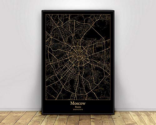 Leinwand Bild, Moskau Russland Schwarz & Gold Stadt Lichtkarten Poster Benutzerdefinierte Welt Kunst Leinwand Malerei Wandkunst für Wohnzimmer Home Decor,50 * 75cm von SONG