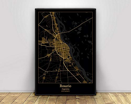 Leinwand Bild, Rosario Argentina Schwarz & Gold Stadtlichtkarten Benutzerdefinierte Weltstadtplakate Poster Leinwanddrucke Wandkunst im nordischen Stil Wohnkultur,20X30CM von SONG