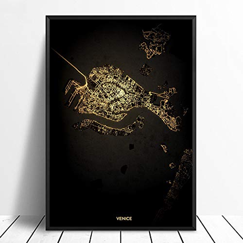 Leinwand Bild, Venedig Schwarz & Gold Stadt Lichtkarten Poster Benutzerdefinierte Welt Kunst Leinwand Malerei Wandkunst für Wohnzimmer Home Decor,40 * 60cm von SONG