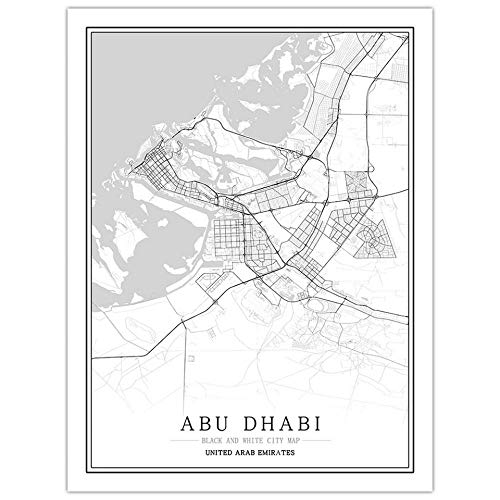 SONG Leinwand Bild, Abu Dhabi Vereinigte Arabische Emirate Stadtplan Malerei Schwarz Weiß Einfach Minimalistische Kunst Wandplakat Rahmen Weniger Bild, Moderne Vertikale Malerei Cafe Office,40 * 50cm von SONG