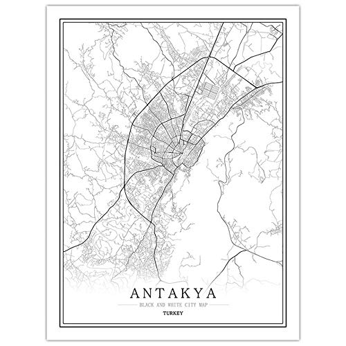 SONG Leinwand Bild, Antakya Truthahn Stadtplan Malerei Schwarz Weiß Einfache Kunst Wandplakat Rahmen Weniger Bild, Moderne Vertikale Malerei Cafe Office Home Decor,70 * 100cm von SONG