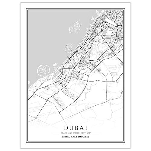 SONG Leinwand Bild, Dubai Vereinigte Arabische Emirate Stadtplan Malerei Schwarz Weiß Einfach Minimalistische Kunst Wandplakat Rahmen Weniger Bild, Moderne Vertikale Malerei Cafe Office Hom,40 * 50cm von SONG