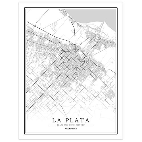 SONG Leinwand Bild, La Plata Argentina Stadtplan Malerei Schwarz Weiß Einfach Minimalist Art Wandbild Poster Rahmen Weniger Bild, Moderne Vertikale Malerei Cafe Office Home Decor,60 * 80cm von SONG