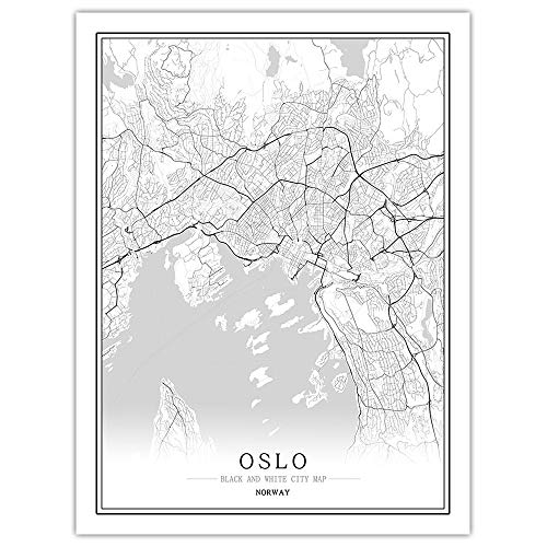 SONG Leinwand Bild, Oslo Norway Stadtplan Malerei Schwarz Weiß Einfach Minimalist Art Wandbild Poster Rahmen Weniger Bild, Moderne Vertikale Malerei Cafe Office Home Decor,40 * 50cm von SONG