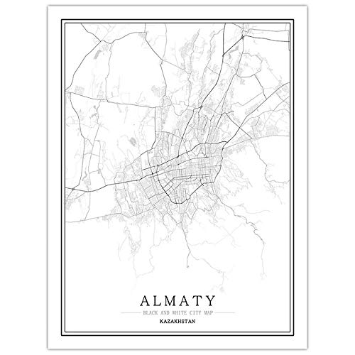 SONG Leinwand Bilder Stadtplan, Almaty Kazakhstan Nordisches Drucken Stadtplan In Schwarz Weiß Bild, Rahmenloses Bild, Kunstplakat Wandbildgemälde Für Wohn Und Schlafzimmer,60 * 80cm von SONG