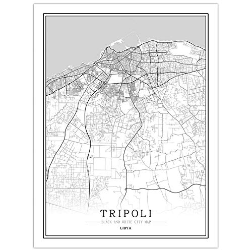SONG Leinwand Bilder Stadtplan, Tripoli Libya Nordisches Drucken Stadtplan In Schwarz Weiß Bild, Rahmenloses Bild, Kunstplakat Wandbildgemälde Für Wohn Und Schlafzimmer,70 * 100cm von SONG