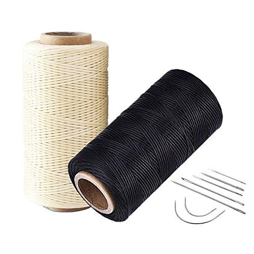 2pcs 260 Meter 0.8mm 150D Flache Leder gewachst Wax Gewinde, Wachs-Draht-Polyester-Linie mit 1 Set (7pcs) Gebogene Polster N?hnadeln f¨¹r Mei?el Ahle Polster-Schuhe Gep?ck Handwerk (Beige + Schwarz) von Homry