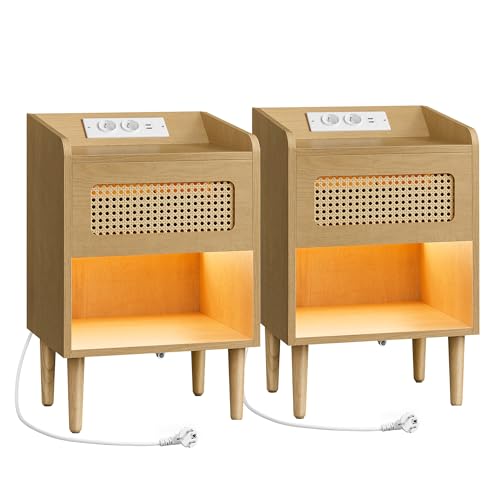 SONGMICS HOME BOHOVEN Kollektion - Nachttisch mit Ladestation 2er Set, Beistelltisch mit Bewegungsensor, Couchtisch Rattan-Optik, Massivholzbeine, Schlafzimmer, Boho-Stil, eichenbeige LET817Y02V1 von SONGMICS HOME