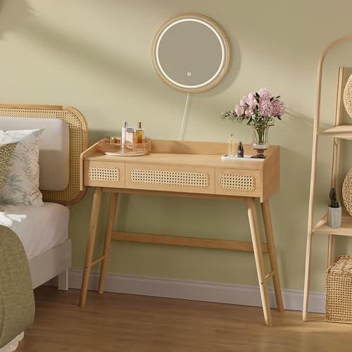 SONGMICS HOME BOHOVEN Kollektion – Schminktisch mit Spiegel, Beleuchtung, Kosmetiktisch 3 Schubladen in Rattan-Optik, Touch-Steuerung, 3 Lichtfarben, dimmbar, Boho-Stil, Schlafzimmer, eichenbeige von SONGMICS HOME