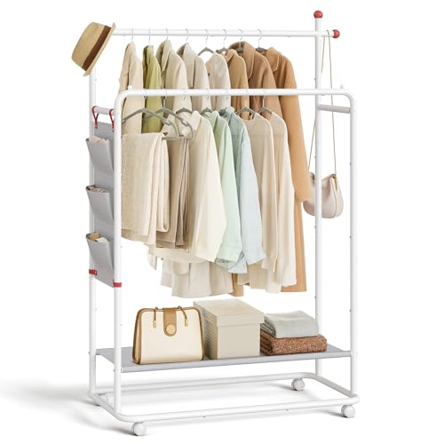 SONGMICS HOME Kleiderständer auf Rollen, Garderobenständer, 2 Kleiderstangen, Ablagefläche, seitlicher Organizer, Haken in Streichholz-Form, stabil, Schlafzimmer, Flur, mattweiß HSR171W01 SONGMICS HOME Kleiderständer auf Rollen, Garderobenständer, 2 Kleiderstangen, Ablagefläche, seitlicher Organizer, Haken in Streichholz-Form, stabil, Schlafzimmer, Flur, mattweiß HSR171W01 von SONGMICS HOME
