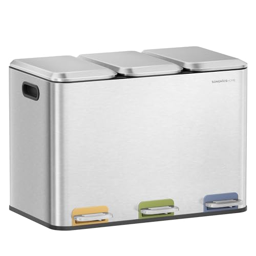 SONGMICS HOME Mülleimer Küche, 3 x 15 L Fächer, Abfalleimer mit farbcodierbaren Pedalen, Mülltrennsystem, mit Deckeln und Inneneimern, Stahl, metallicsilber LTB740E45V1 von SONGMICS HOME