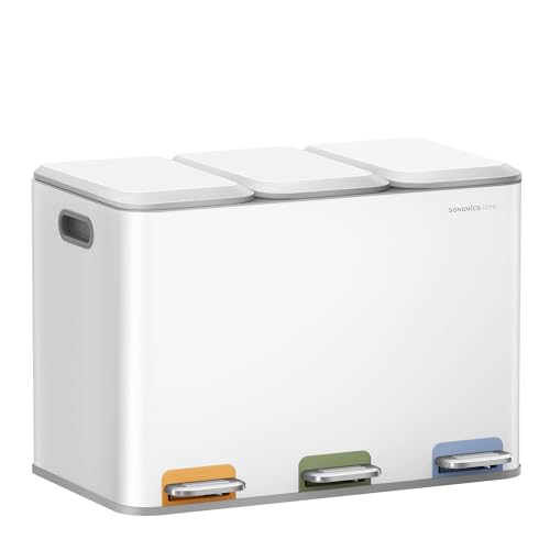 SONGMICS HOME Mülleimer Küche, 3 x 15 L Fächer, Abfalleimer mit farbcodierbaren Pedalen, Mülltrennsystem, mit Deckeln und Inneneimern, Stahl, wolkenweiß LTB740W02V1 von SONGMICS HOME