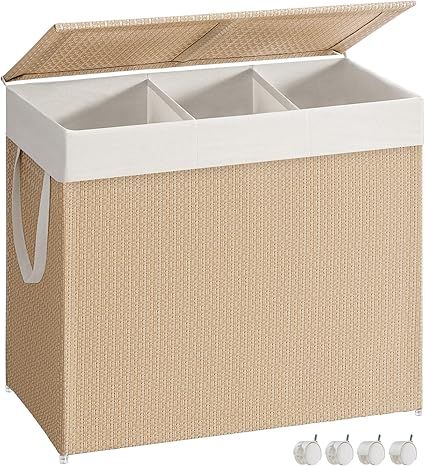 Wäschekorb 140 L mit 3 Fächern und Rollen naturbeige-mattweiß von SONGMICS HOME